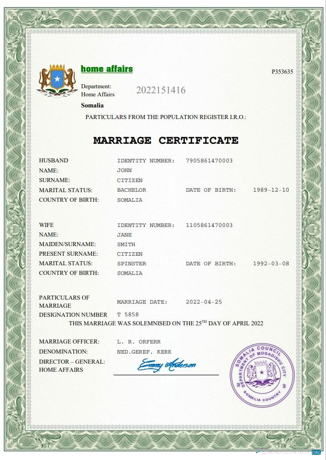 Download Somalia marriage certificate Word and PDF template Photoshop template